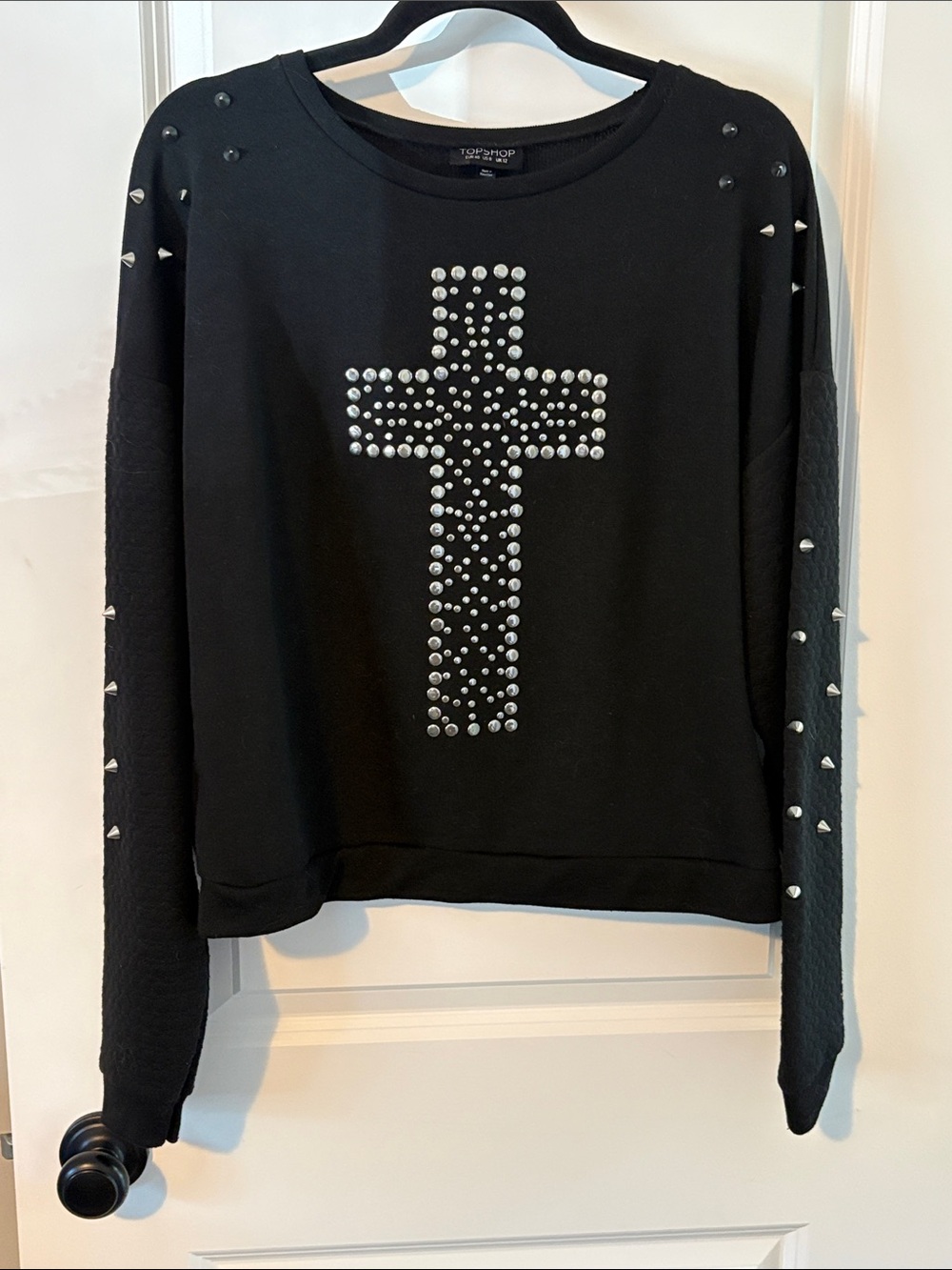 Topshop Studded Gothic Cross Cropped Sweatshirt Black M Indie Sleaze Grunge